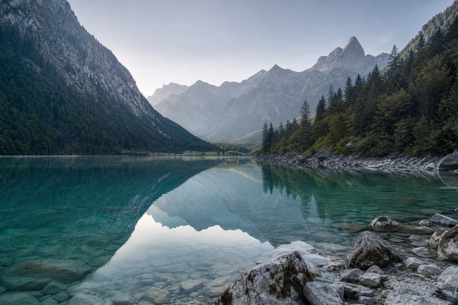 Bayerische Alpen und klarer Bergsee am Morgen