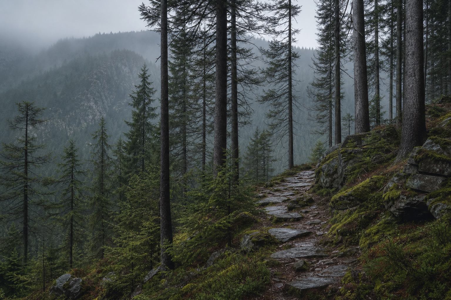 Nebeliger Fichtenwald und Höhenweg im Harz